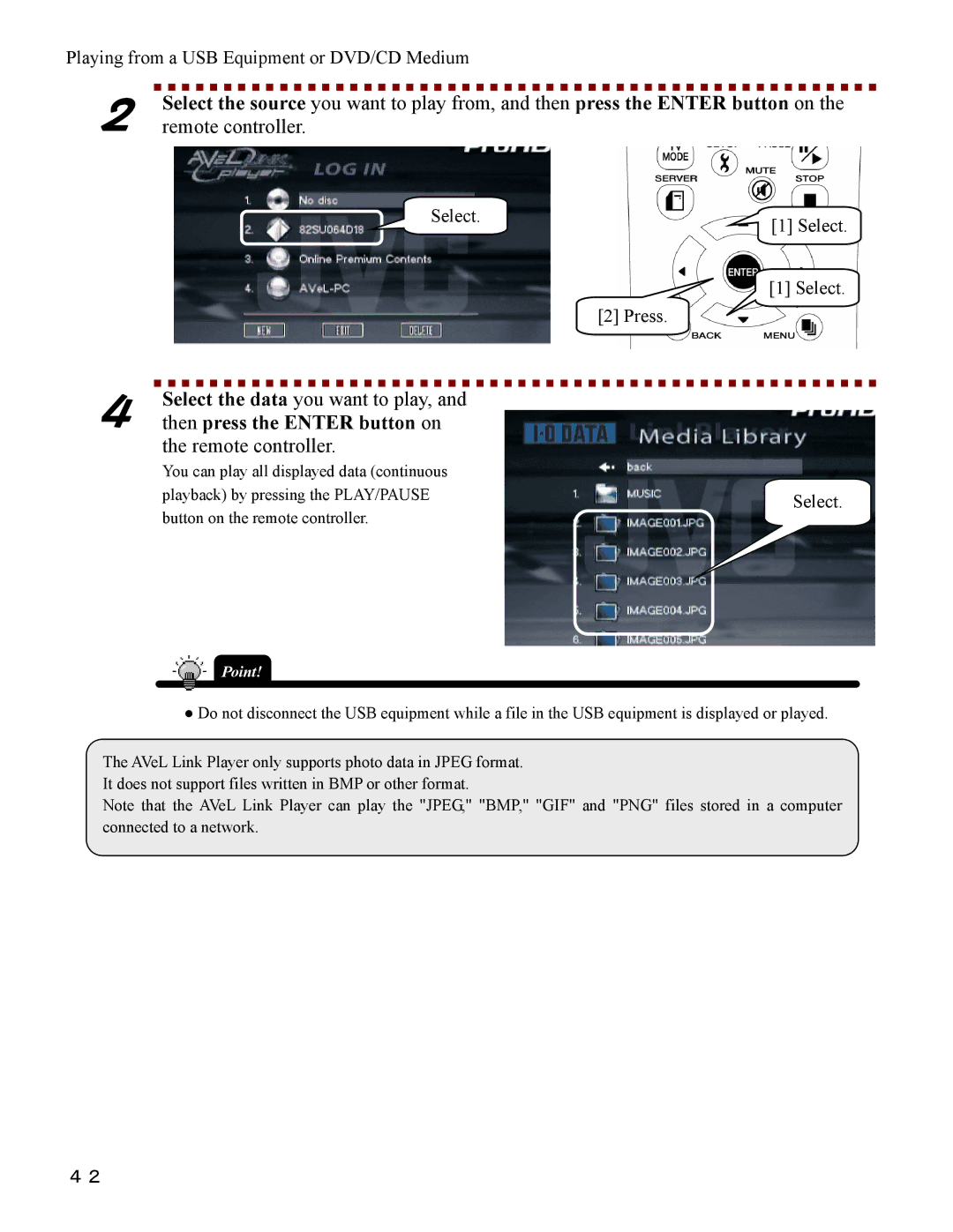 I-O Display Systems SRDVD-100U user manual Playing from a USB Equipment or DVD/CD Medium, Select Press 