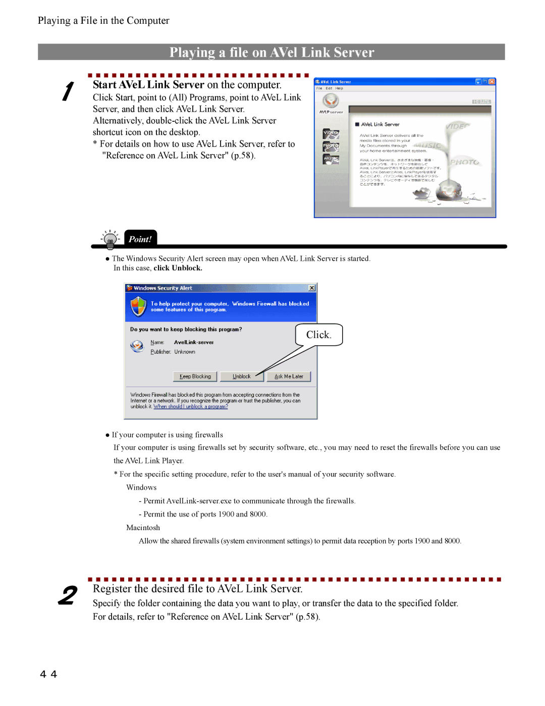 I-O Display Systems SRDVD-100U user manual Playing a file on AVel Link Server, Start AVeL Link Server on the computer 