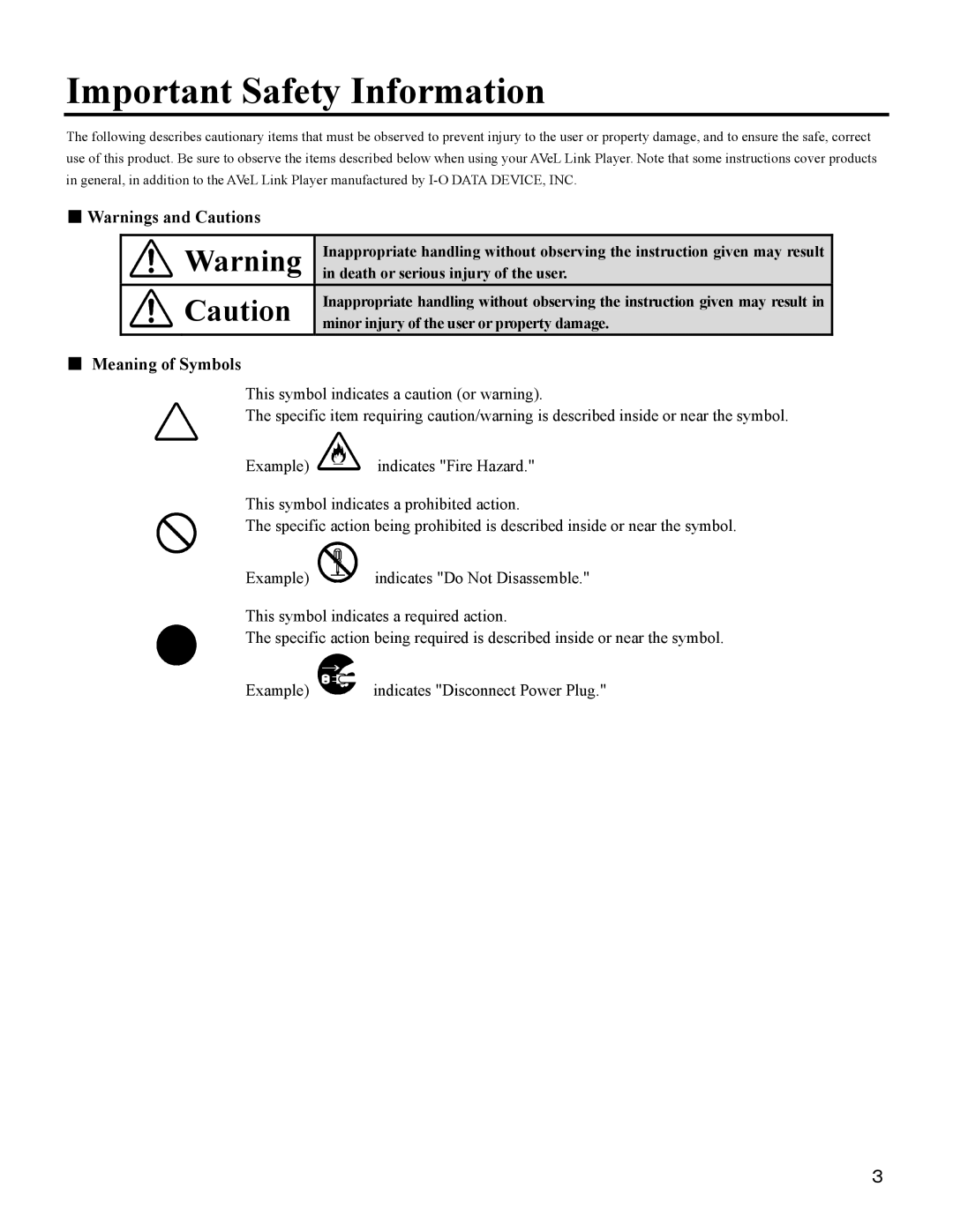 I-O Display Systems SRDVD-100U user manual Important Safety Information, Meaning of Symbols 