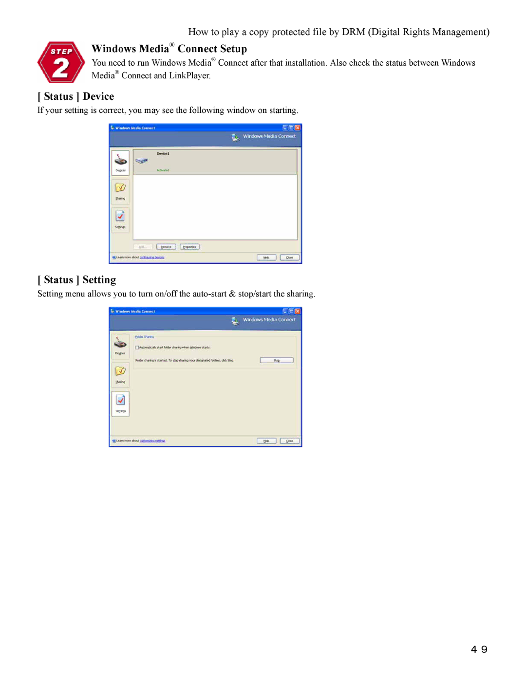 I-O Display Systems SRDVD-100U user manual Windows Media Connect Setup, Status Device, Status Setting 