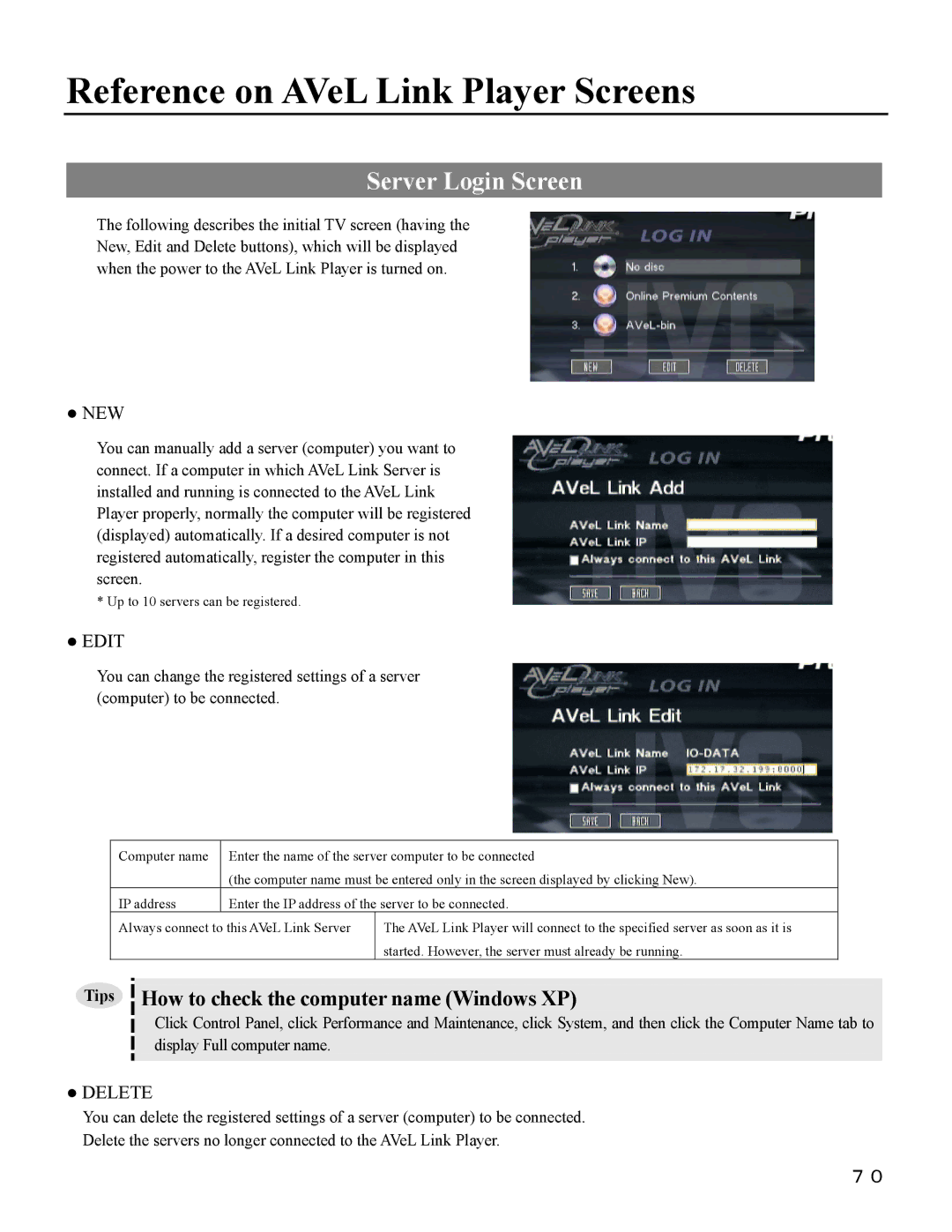 I-O Display Systems SRDVD-100U user manual Reference on AVeL Link Player Screens, Server Login Screen 