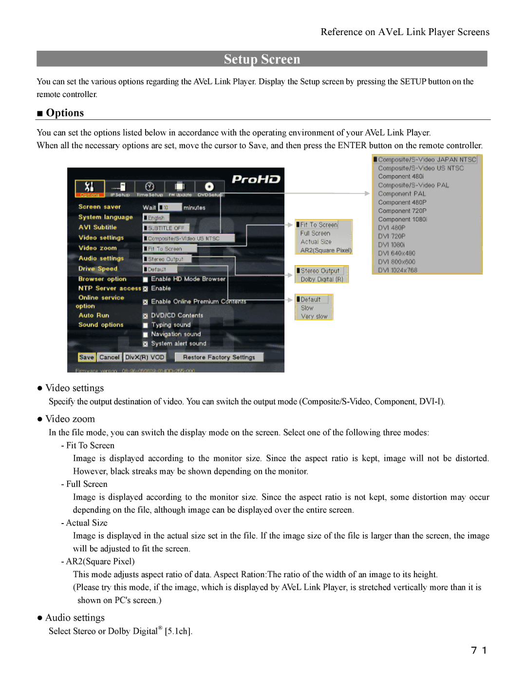 I-O Display Systems SRDVD-100U user manual Setup Screen, Options 