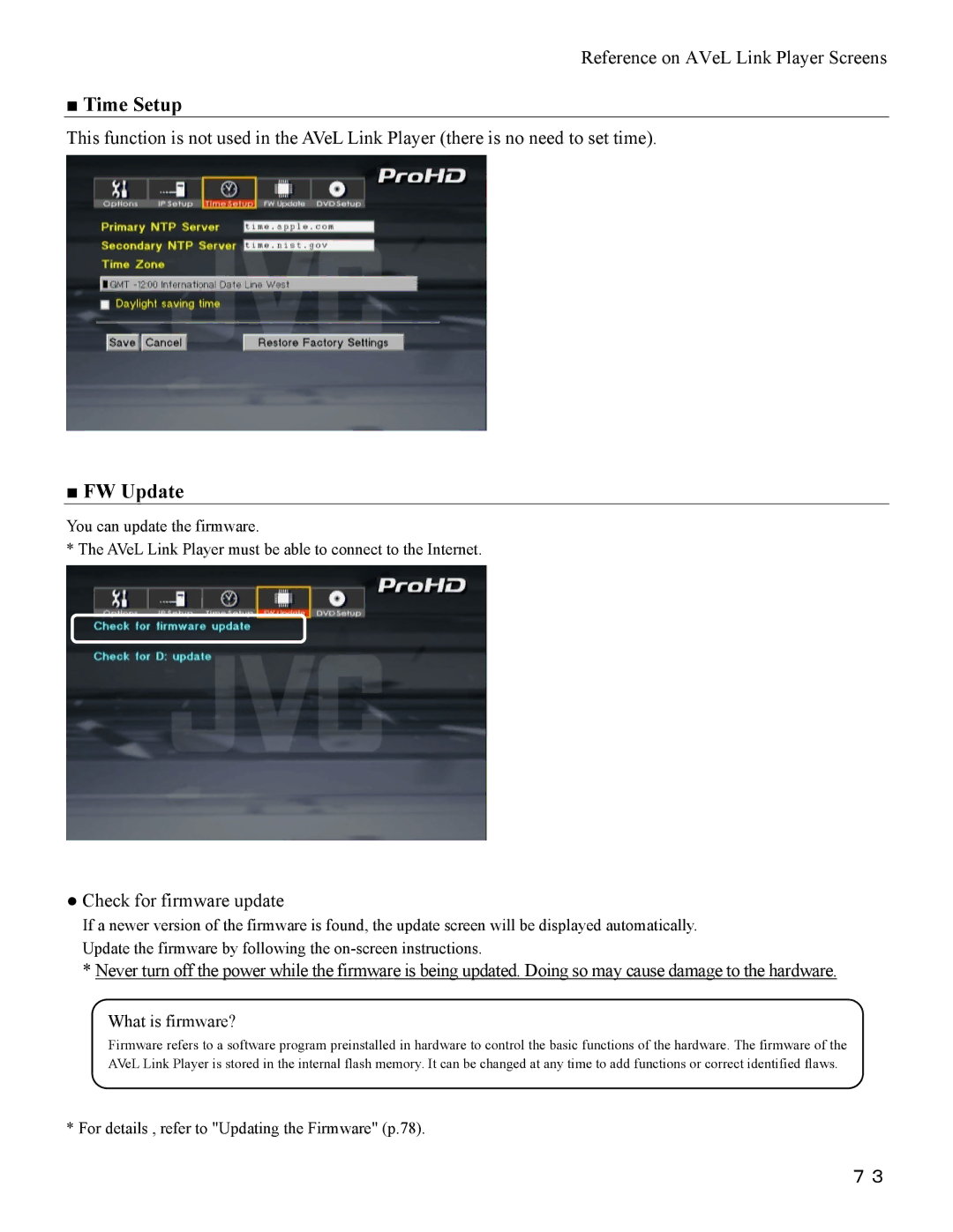 I-O Display Systems SRDVD-100U user manual Time Setup, FW Update, Check for firmware update 