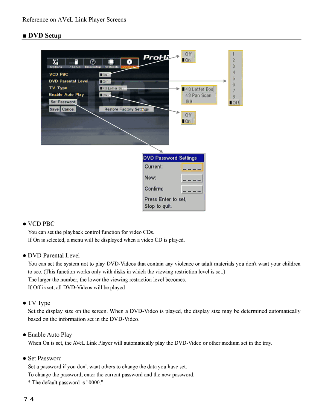 I-O Display Systems SRDVD-100U user manual DVD Setup, DVD Parental Level, TV Type, Enable Auto Play, Set Password 