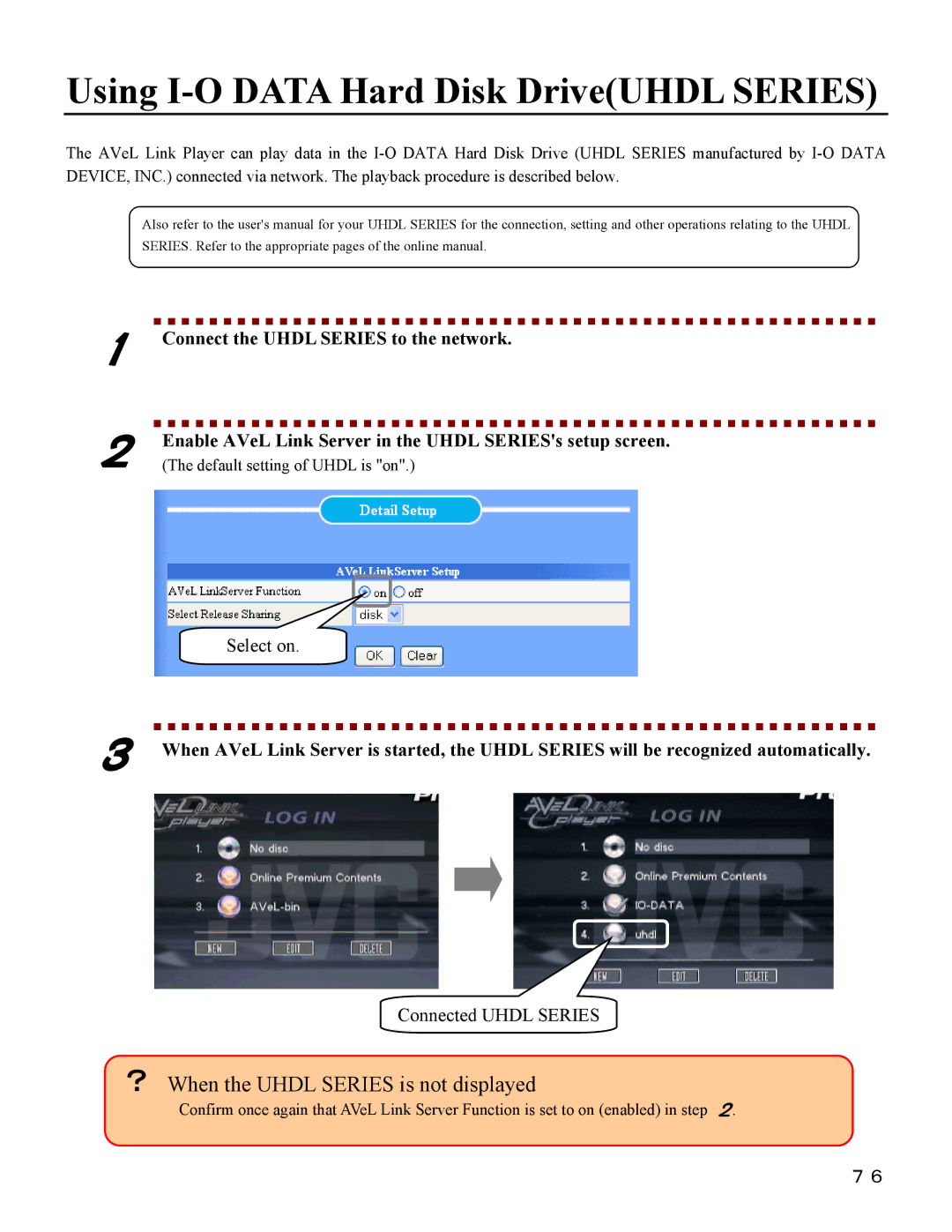 I-O Display Systems SRDVD-100U user manual Using I-O Data Hard Disk DriveUHDL Series, Select on, Connected Uhdl Series 