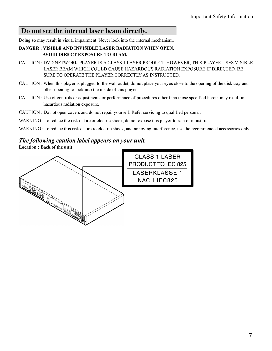 I-O Display Systems SRDVD-100U user manual Do not see the internal laser beam directly 