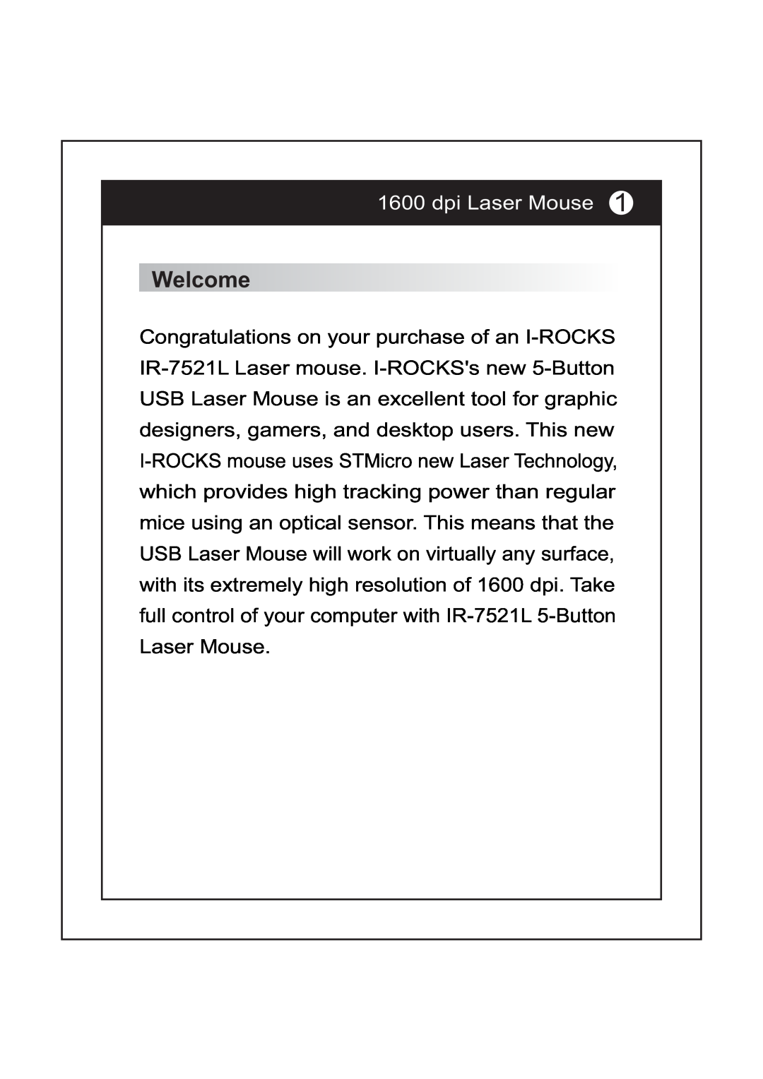I-Rocks IR-7521L manual Welcome, dpi Laser Mouse 