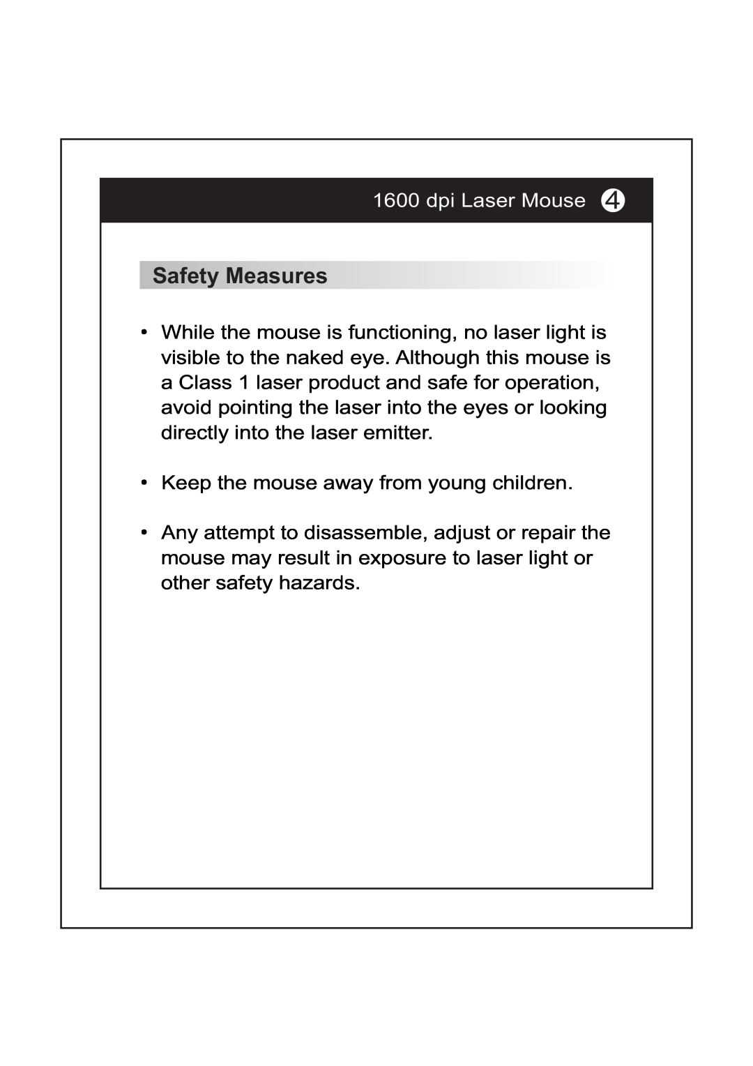 I-Rocks IR-7521L manual Safety Measures, dpi Laser Mouse 