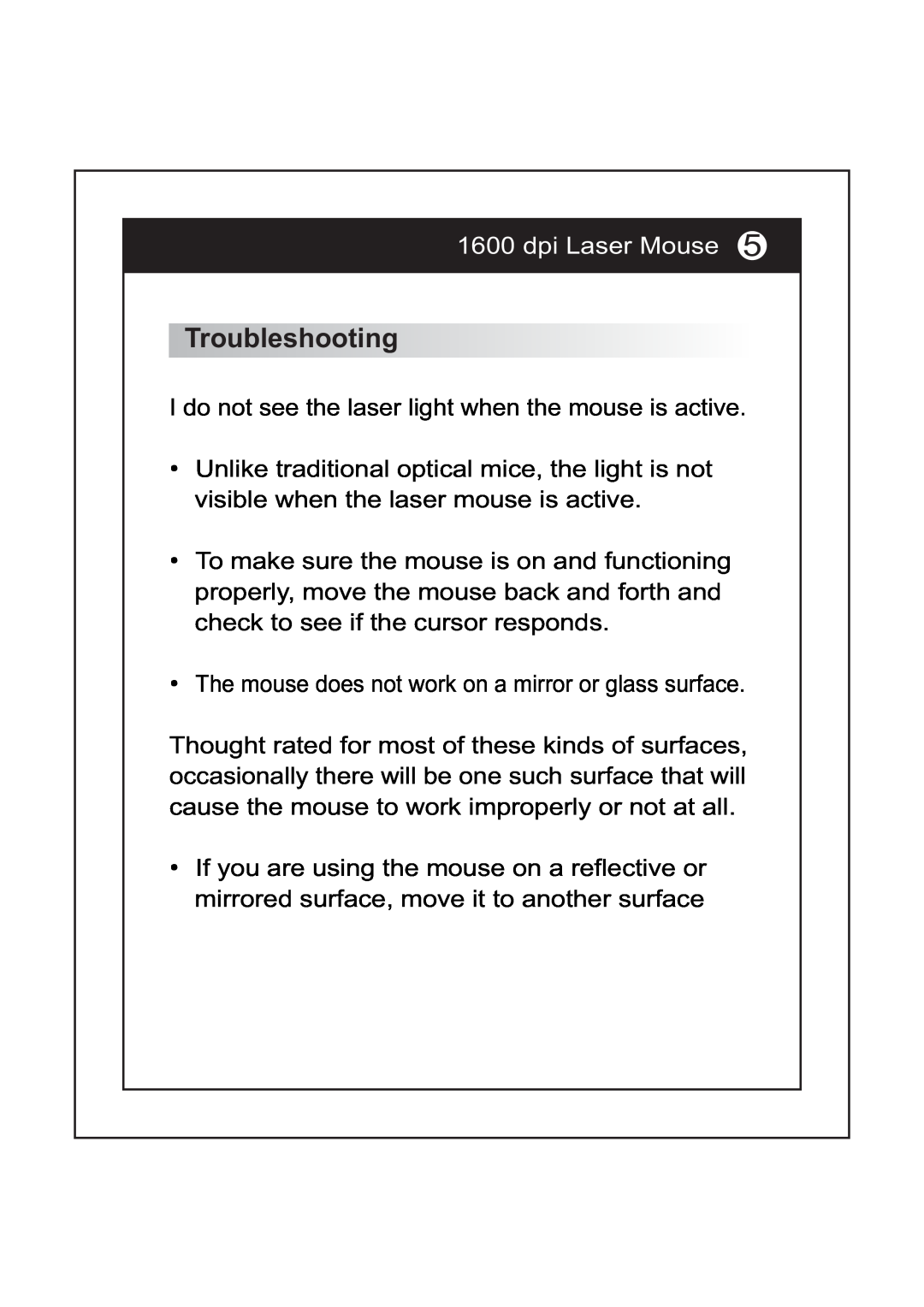 I-Rocks IR-7521L manual Troubleshooting, dpi Laser Mouse 