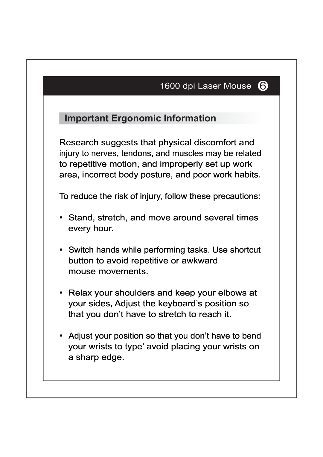 I-Rocks IR-7521L manual Important Ergonomic Information, dpi Laser Mouse 