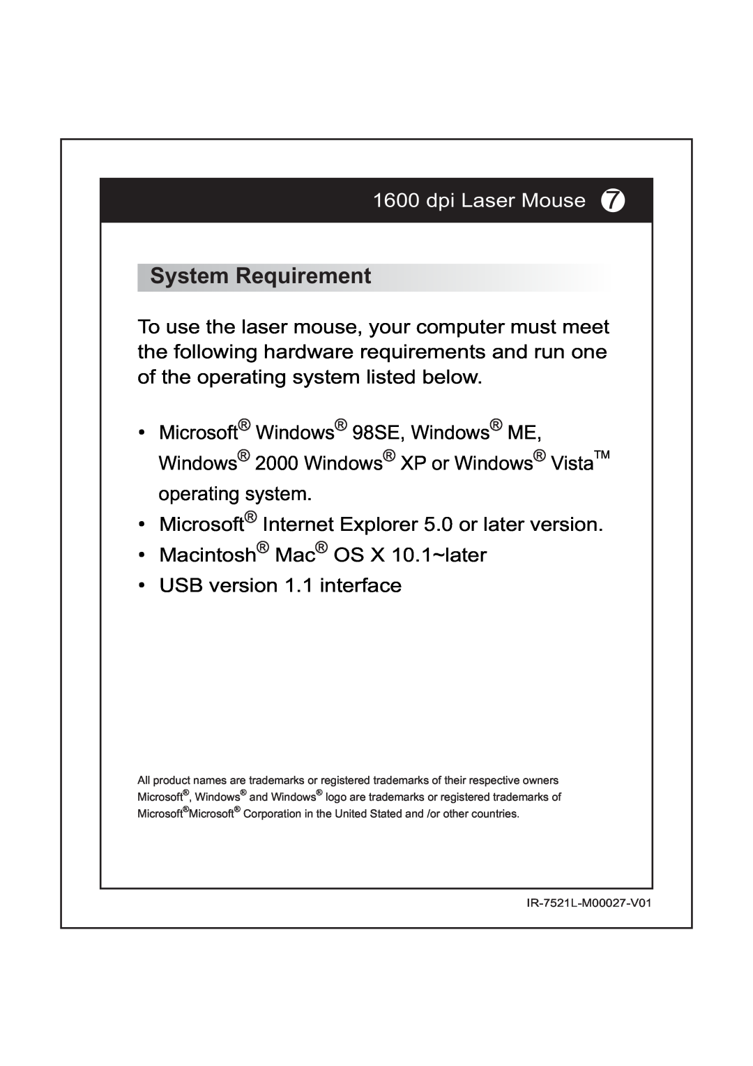 I-Rocks IR-7521L manual System Requirement, dpi Laser Mouse 