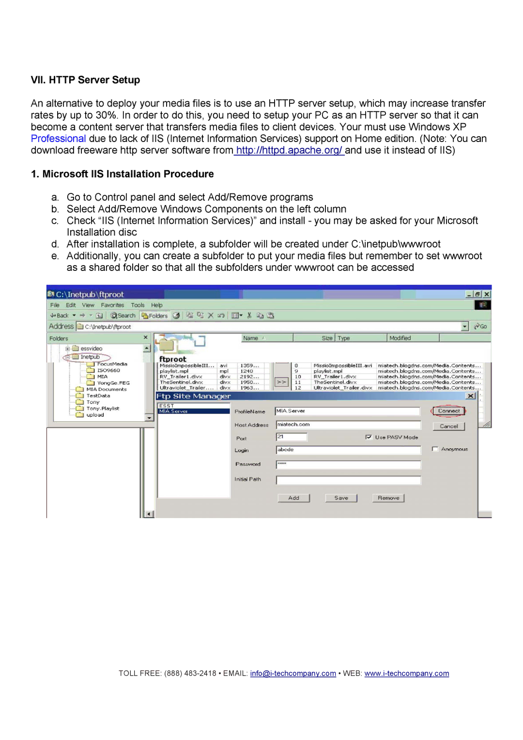 I-Tech Company CMP2000N manual VII. Http Server Setup, Microsoft IIS Installation Procedure 