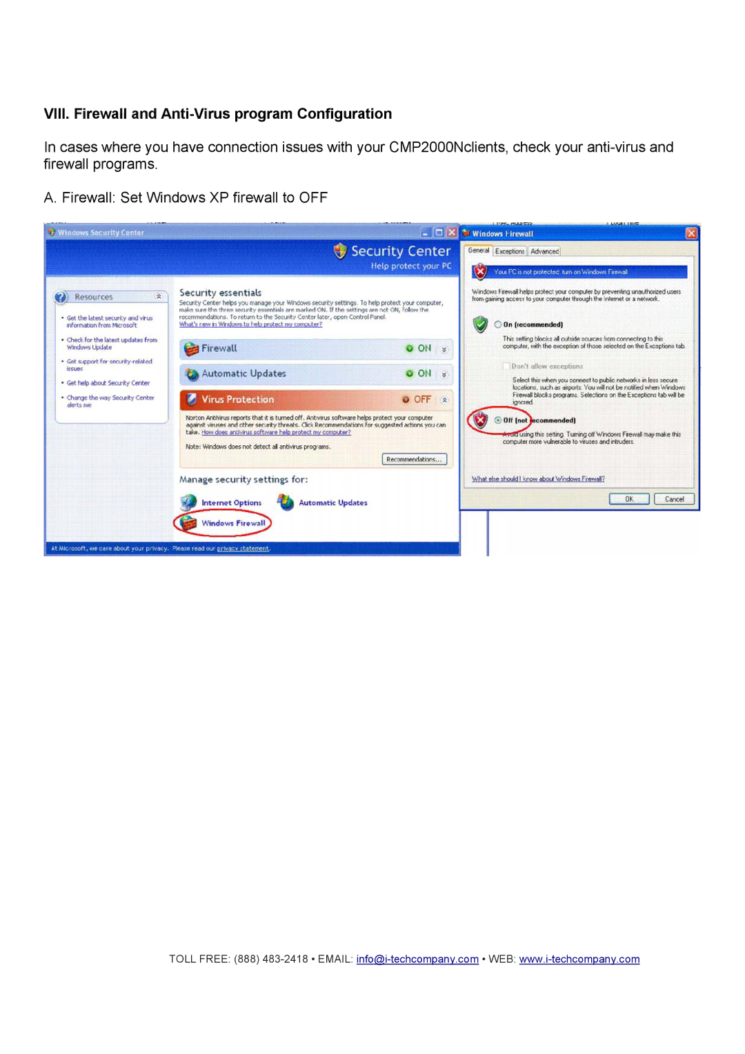 I-Tech Company CMP2000N manual VIII. Firewall and Anti-Virus program Configuration 