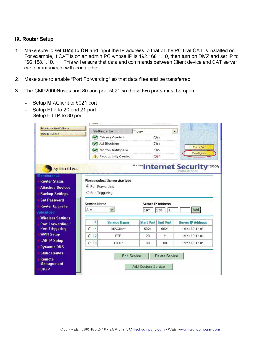 I-Tech Company CMP2000N manual IX. Router Setup 