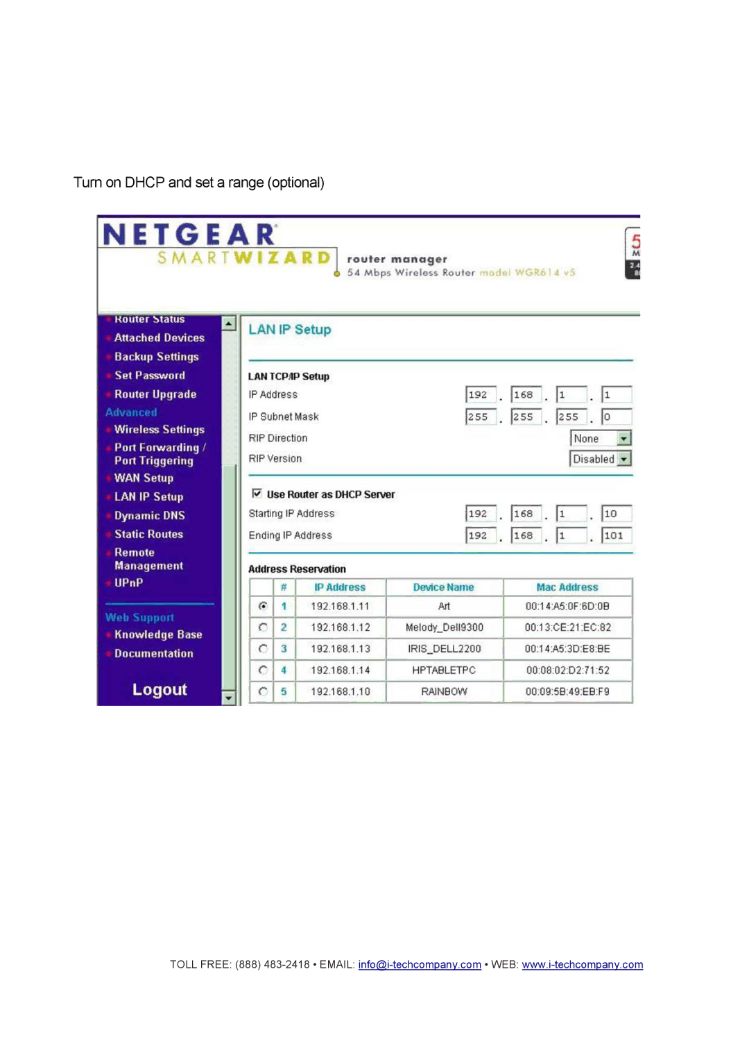 I-Tech Company CMP2000N manual Turn on Dhcp and set a range optional 