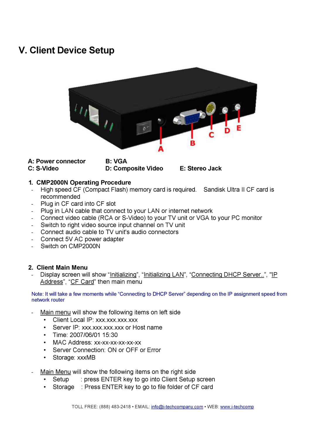 I-Tech Company manual Power connector, Video Composite Video, CMP2000N Operating Procedure, Client Main Menu 