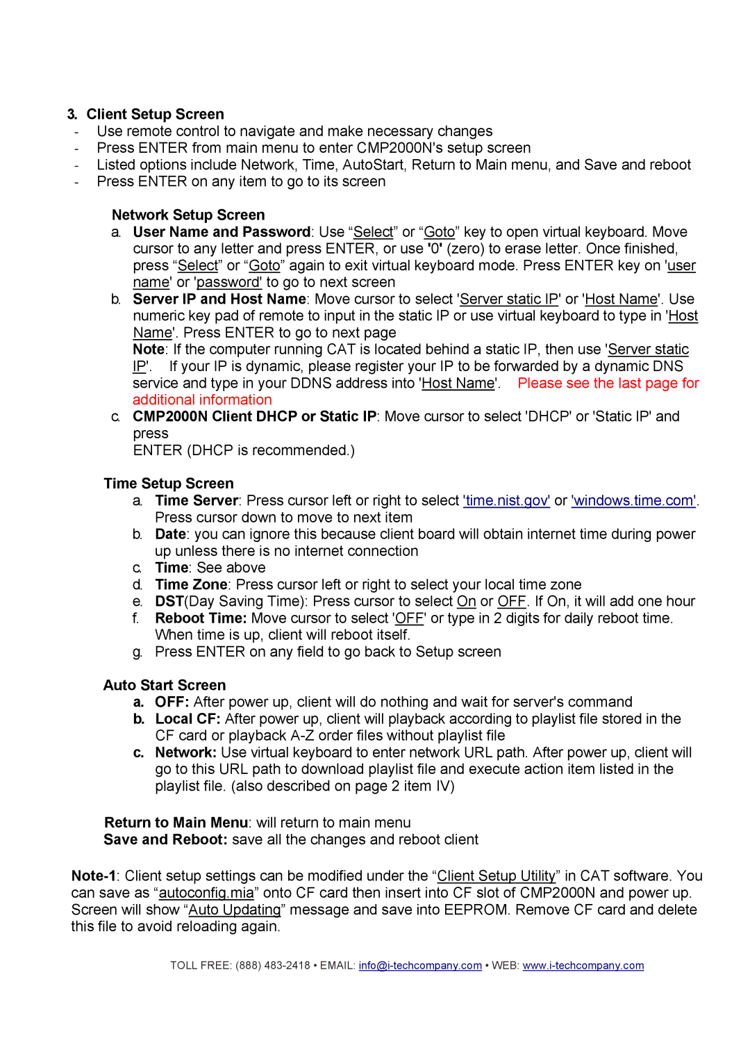 I-Tech Company CMP2000N manual Client Setup Screen, Network Setup Screen, Time Setup Screen, Auto Start Screen 