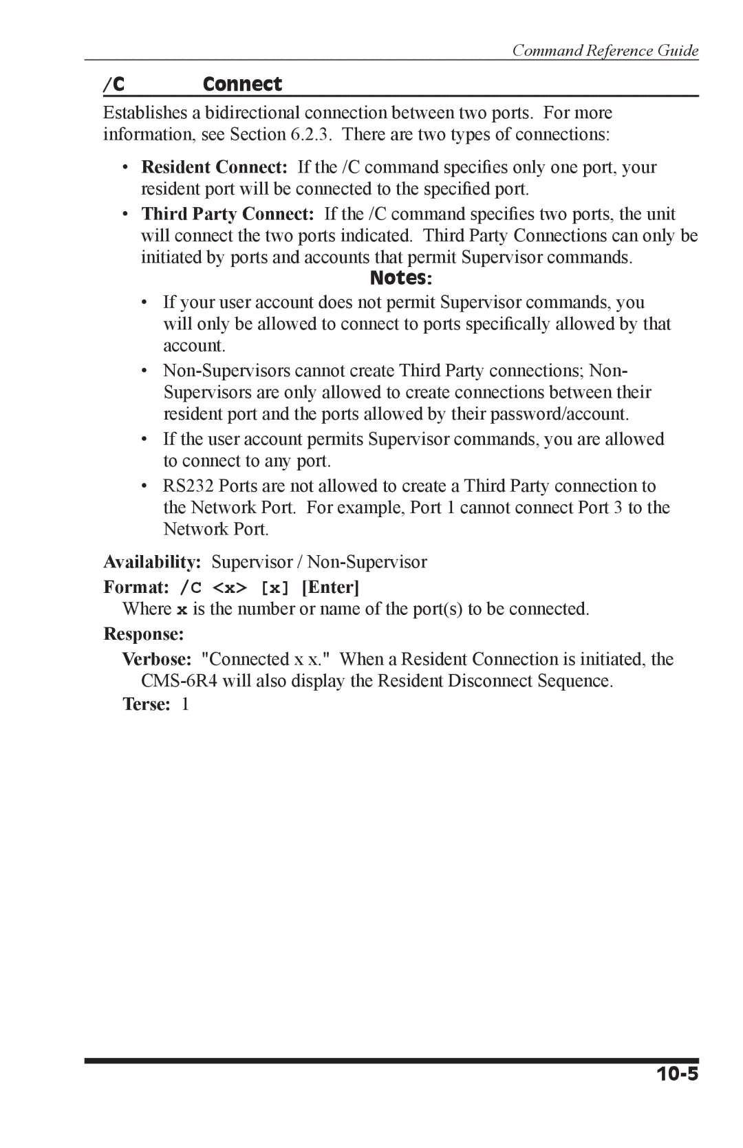 I-Tech Company CMS 6R4 Series manual Connect, Format /C x x Enter, Terse, 10-5 