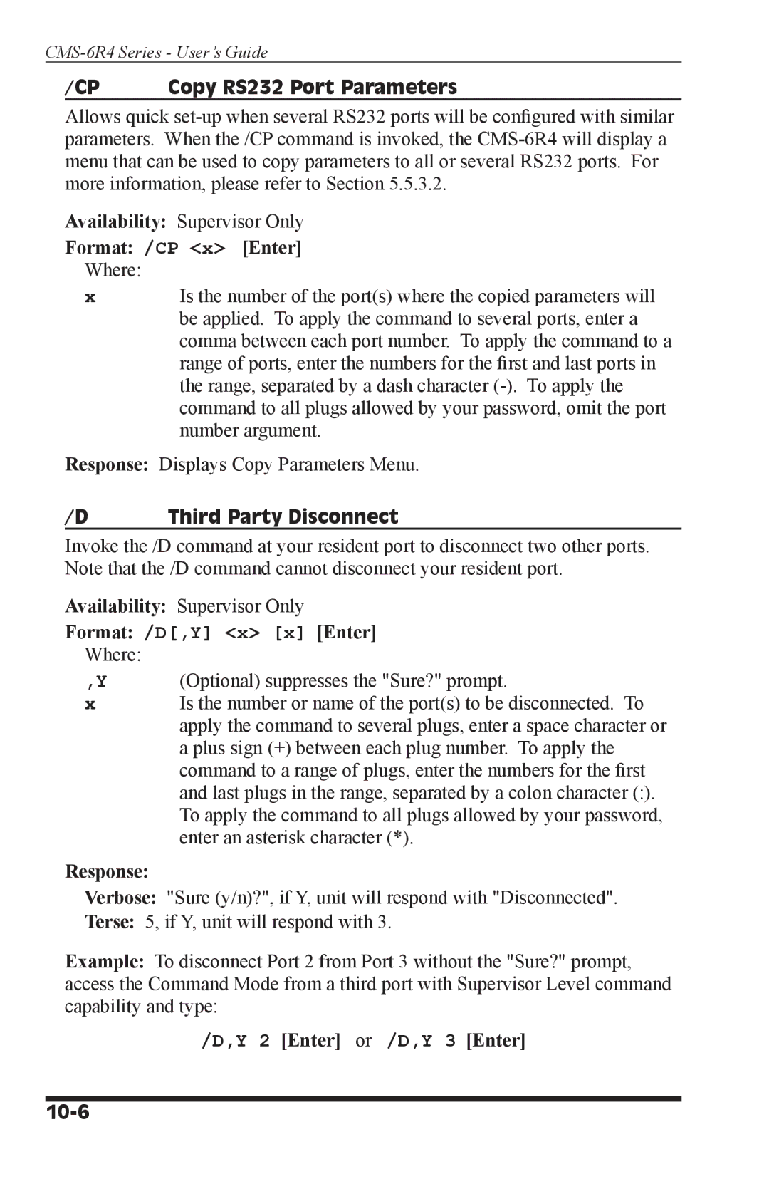 I-Tech Company CMS 6R4 Series manual Copy RS232 Port Parameters, Third Party Disconnect, 10-6 
