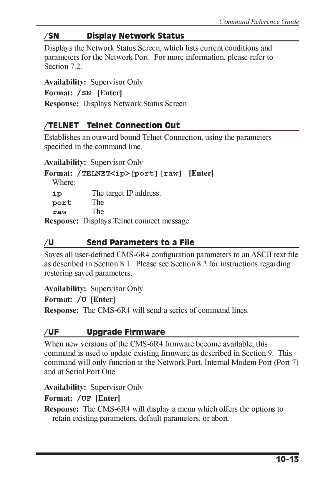 I-Tech Company CMS 6R4 Series manual Display Network Status, Telnet Telnet Connection Out, Send Parameters to a File, 10-13 