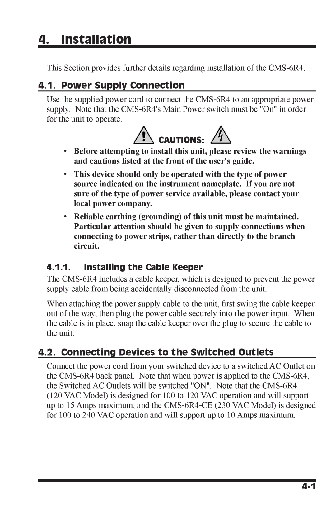 I-Tech Company CMS 6R4 Series manual Installation, Power Supply Connection, Connecting Devices to the Switched Outlets 