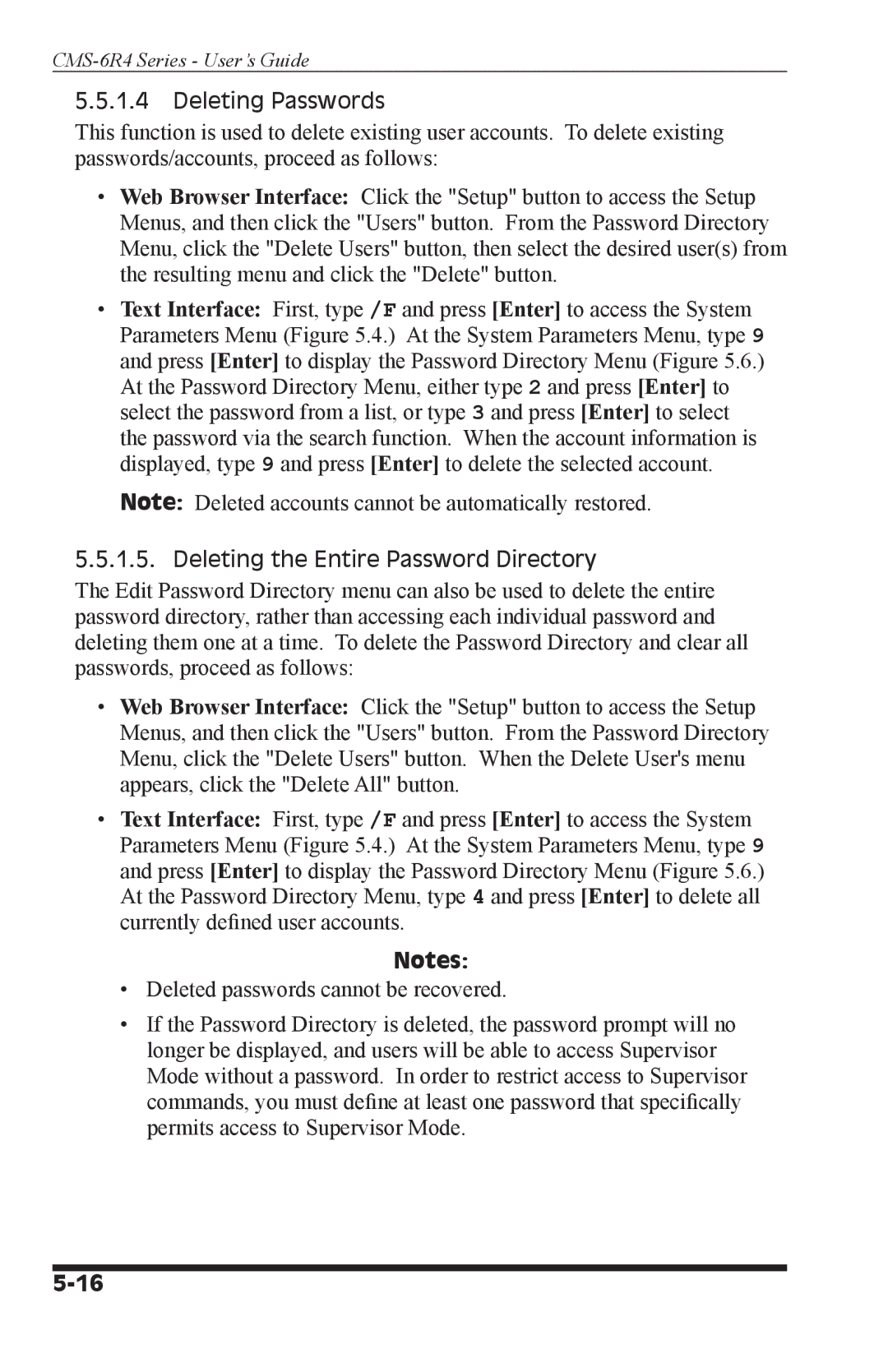 I-Tech Company CMS 6R4 Series manual Deleting Passwords, Deleting the Entire Password Directory 
