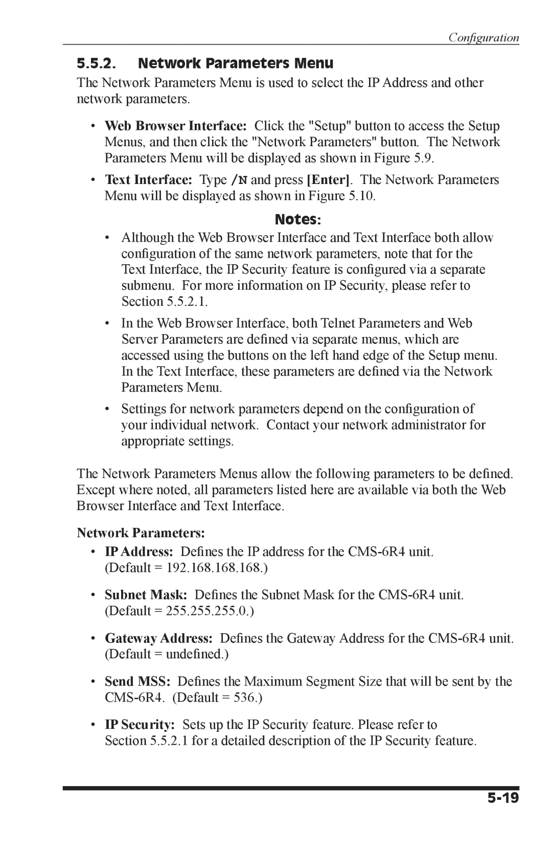 I-Tech Company CMS 6R4 Series manual Network Parameters Menu 