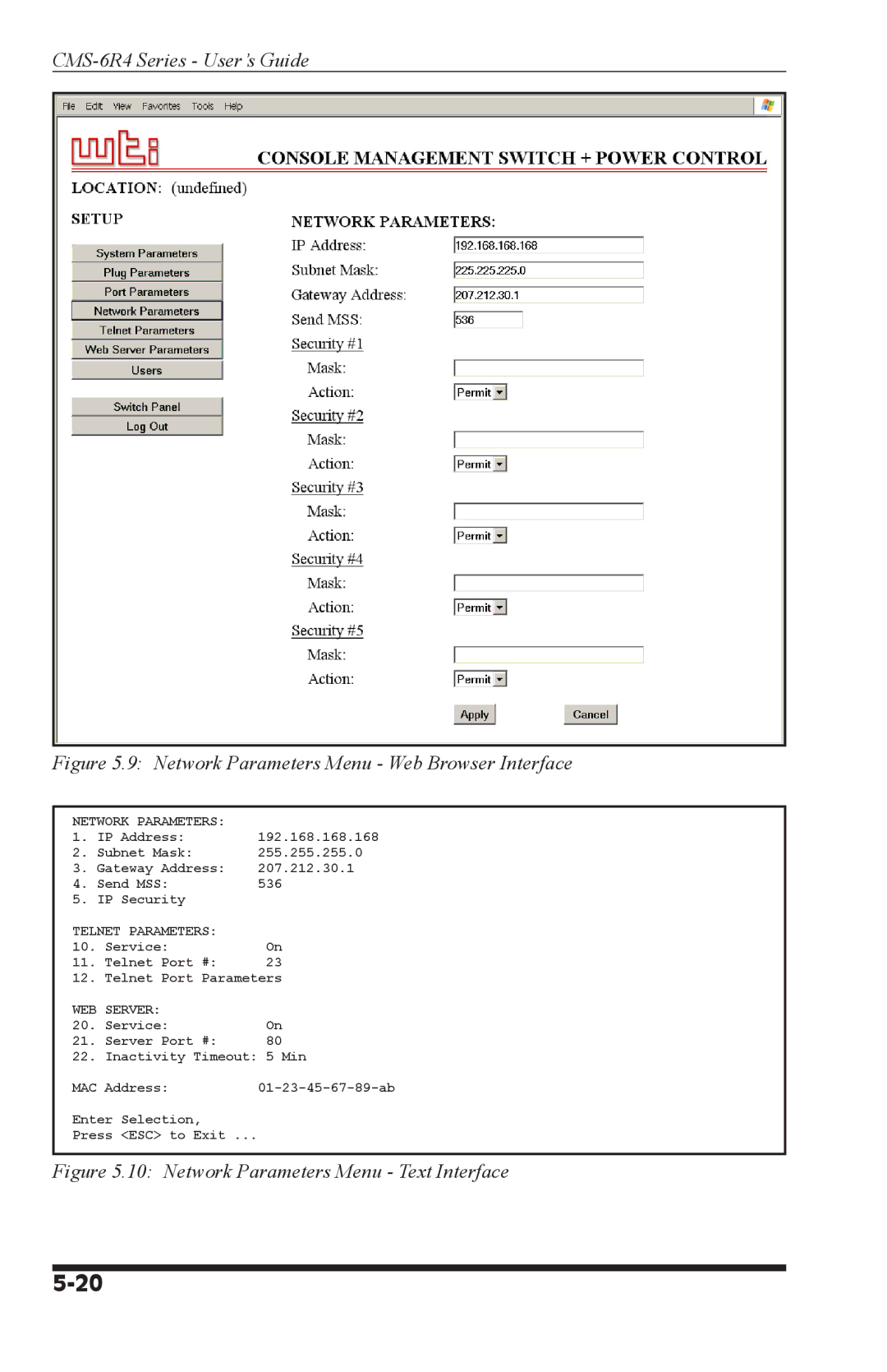 I-Tech Company CMS 6R4 Series manual Network Parameters, Telnet Parameters, WEB Server 