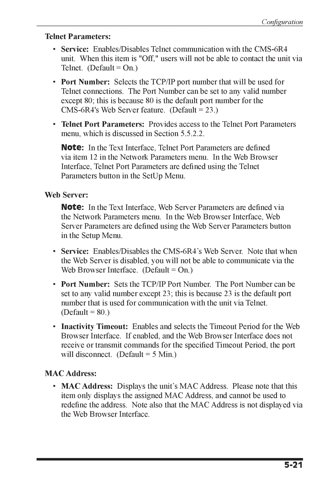 I-Tech Company CMS 6R4 Series manual Telnet Parameters, Web Server, MAC Address 