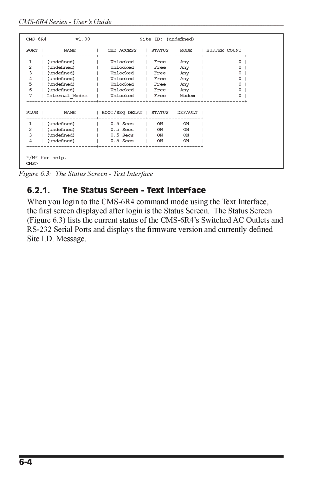 I-Tech Company CMS 6R4 Series manual Status Screen Text Interface, Port Name CMD Access 