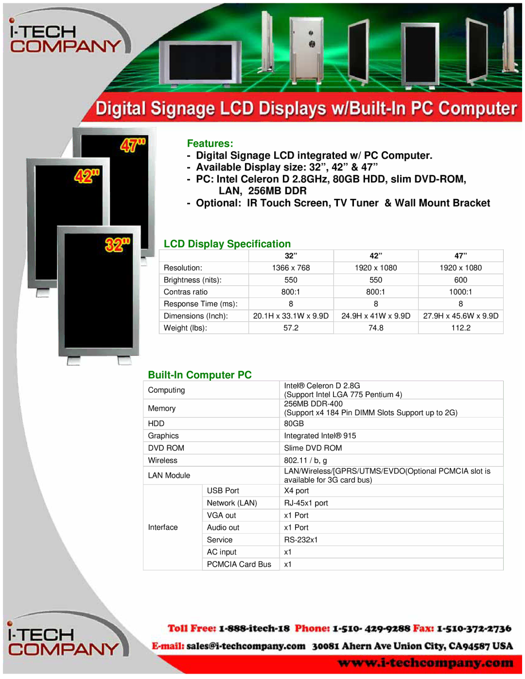 I-Tech Company Digital Signage LCD integrated w/ PC Computer dimensions Features, LCD Display Specification, Hdd, Dvd Rom 