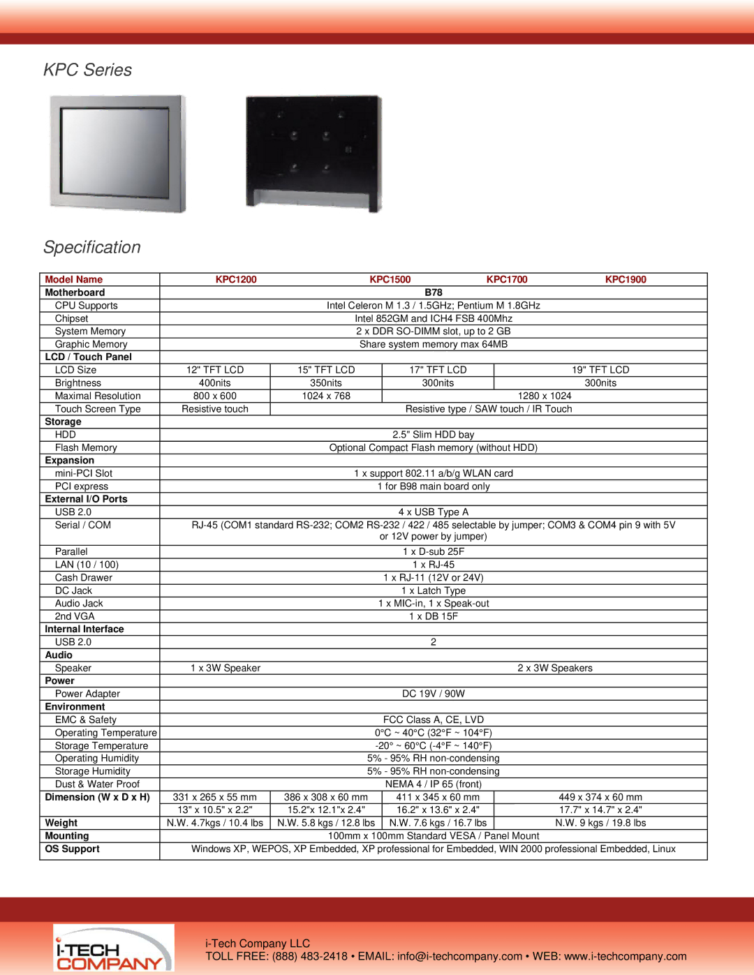 I-Tech Company KPC1900 Motherboard B78, LCD / Touch Panel, Storage, Expansion, External I/O Ports, Internal Interface 