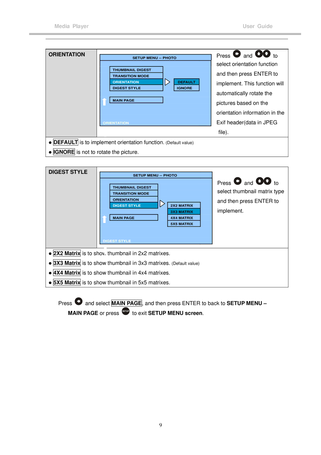 I-Tech Company MP3 Headphone manual Orientation, Digest Style, Main page or press to exit Setup Menu screen 