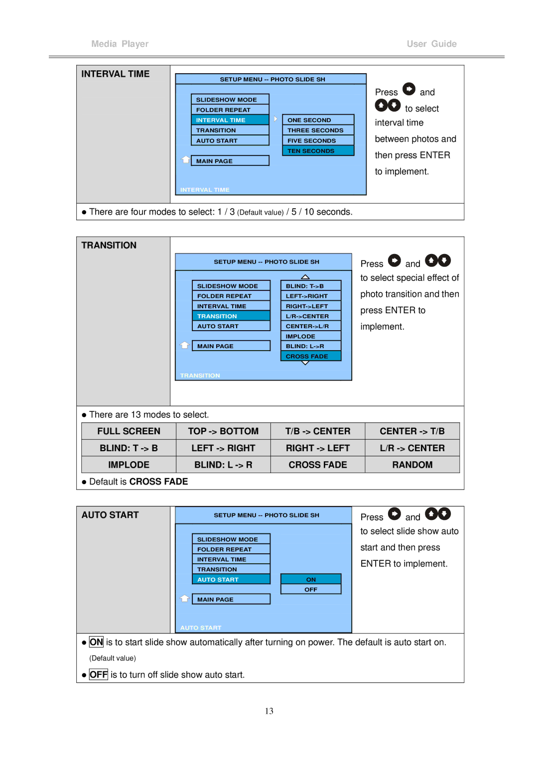 I-Tech Company MP3 Headphone manual Interval Time, Transition, Full Screen TOP Bottom Center Center T/B, Cross Fade Random 