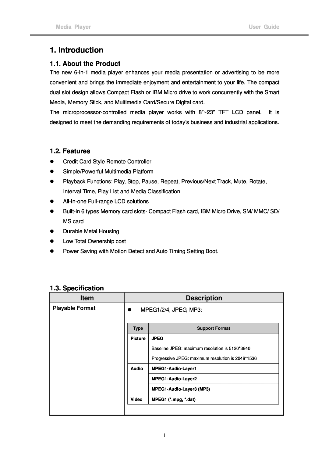 I-Tech Company MP3 Headphone manual Introduction, Media Player, User Guide, Playable Format, z MPEG1/2/4, JPEG, MP3 