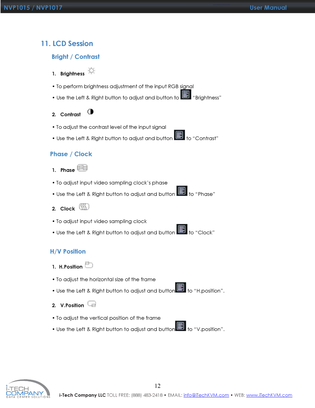 I-Tech Company NVP1015, NVP1017 manual Bright / Contrast, Phase / Clock, Position 