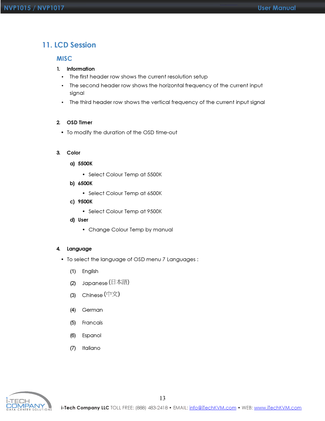 I-Tech Company NVP1017, NVP1015 manual Misc 