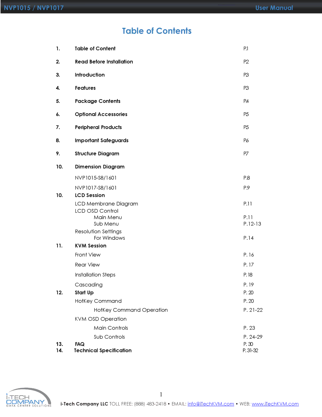 I-Tech Company NVP1017, NVP1015 manual Table of Contents 