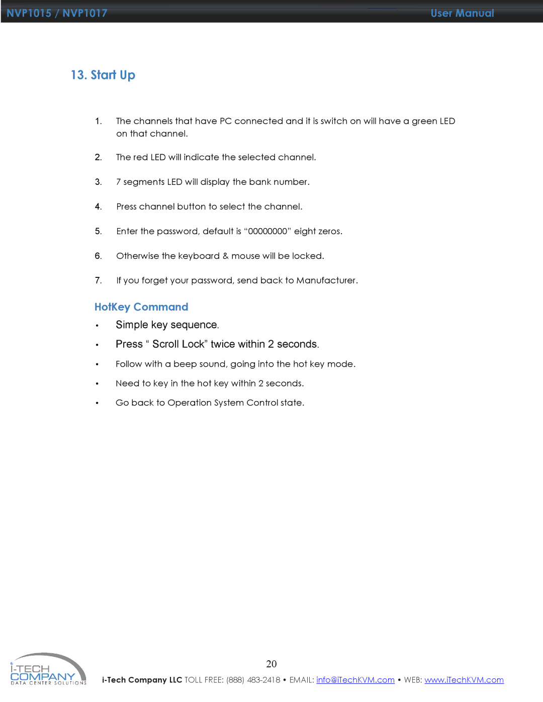 I-Tech Company NVP1015, NVP1017 manual Start Up, HotKey Command 