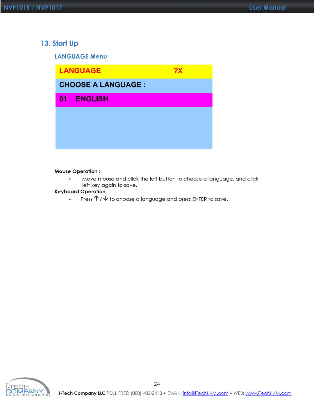 I-Tech Company NVP1015, NVP1017 manual Language Menu 