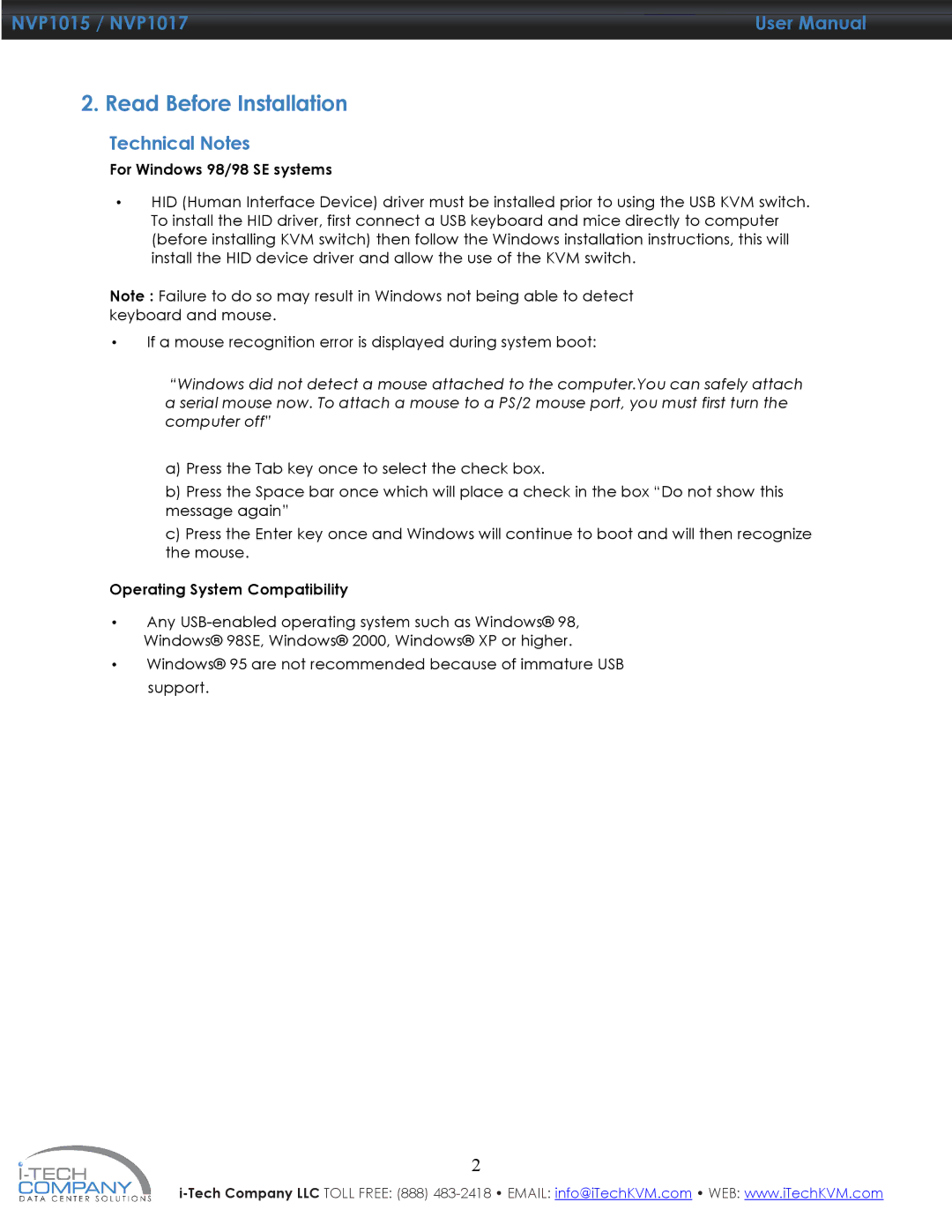 I-Tech Company manual Read Before Installation, NVP1015 / NVP1017, Technical Notes 