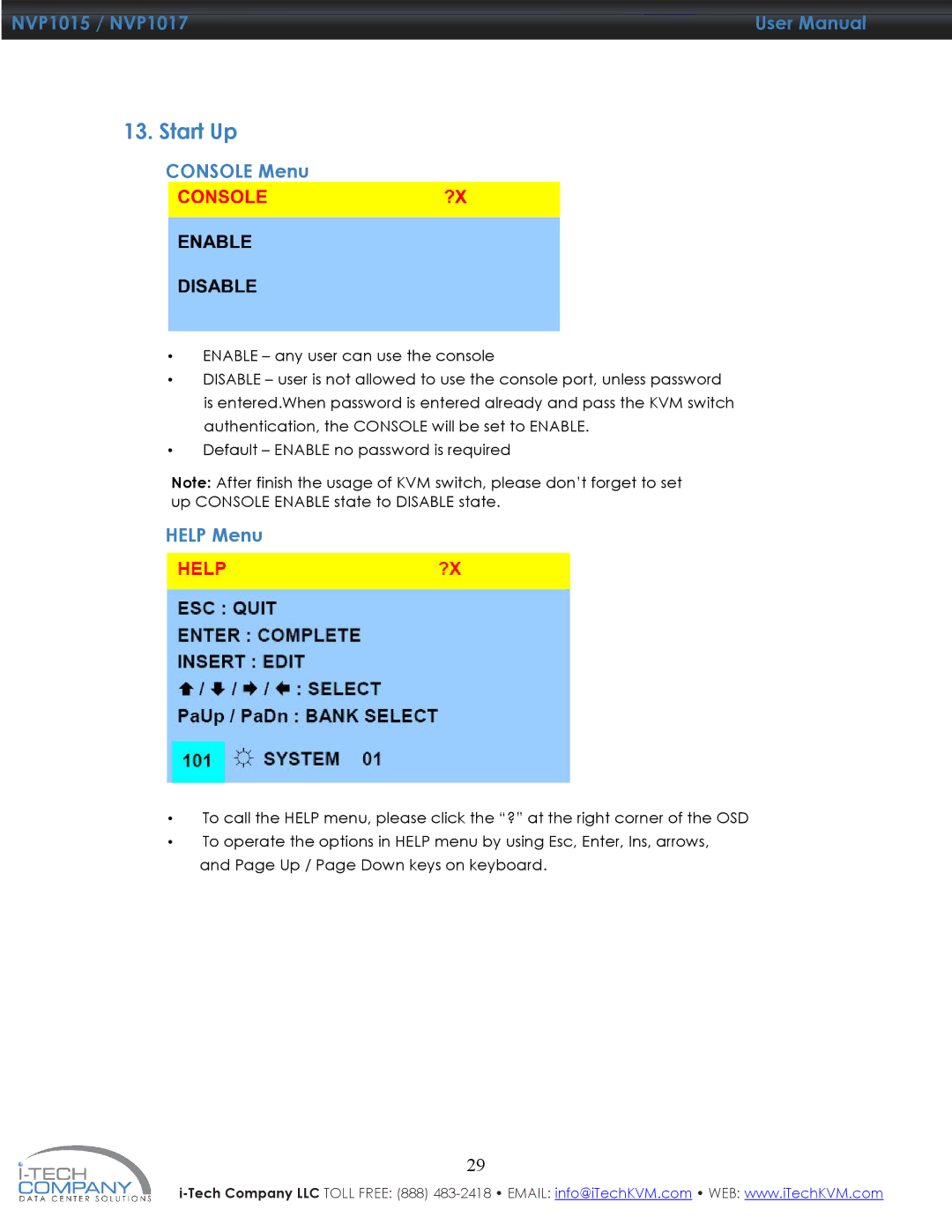 I-Tech Company NVP1017, NVP1015 manual Console Menu, Help Menu 