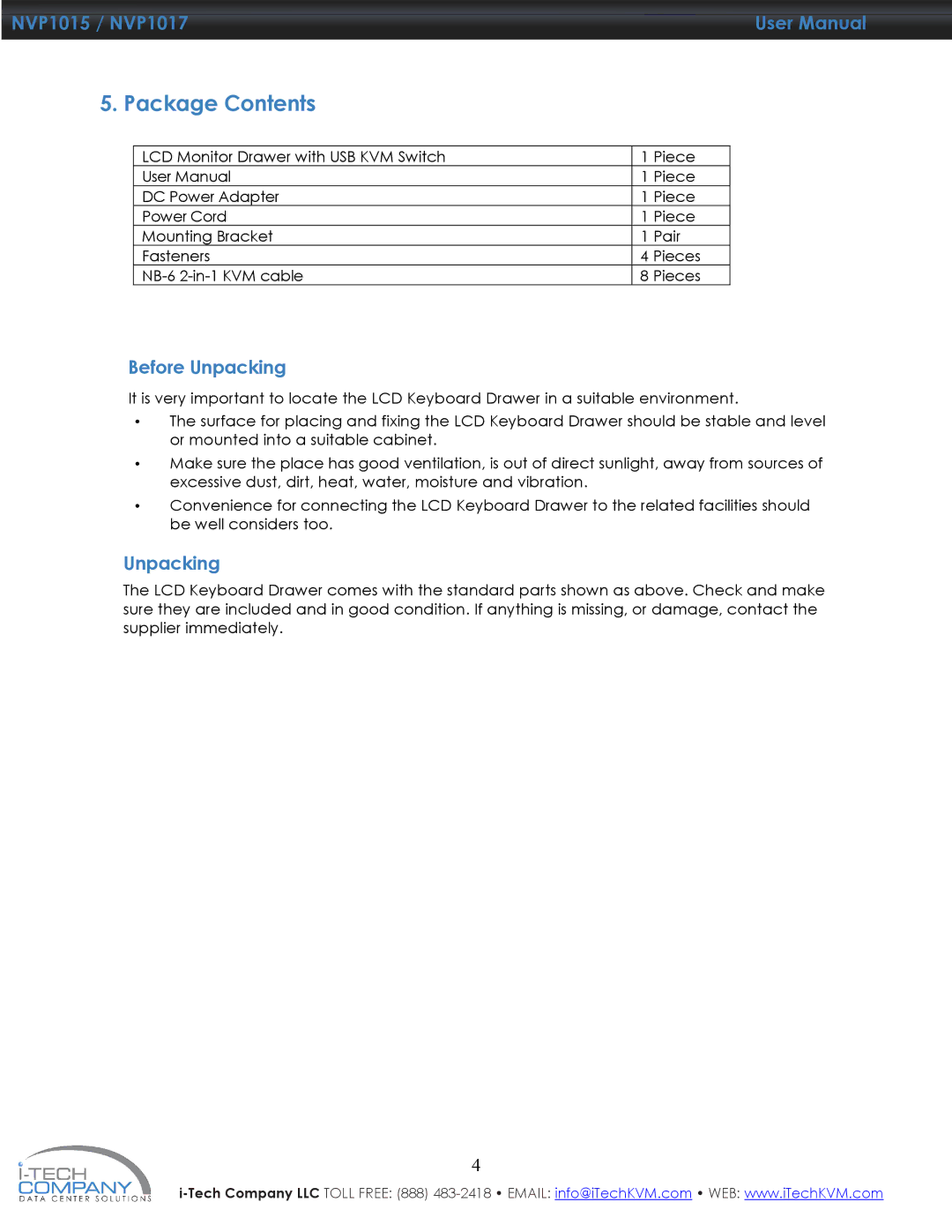 I-Tech Company NVP1015, NVP1017 manual Package Contents 