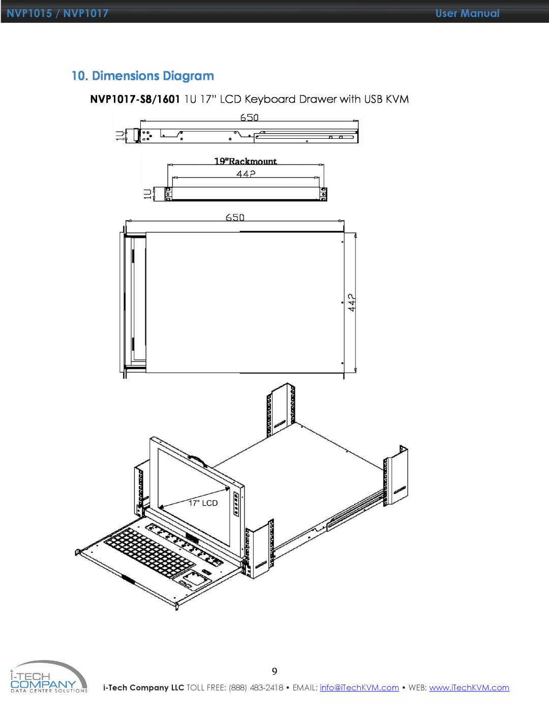 I-Tech Company manual NVP1017-S8/1601 1U 17” LCD Keyboard Drawer with USB KVM, Dimensions Diagram, NVP1015 / NVP1017 