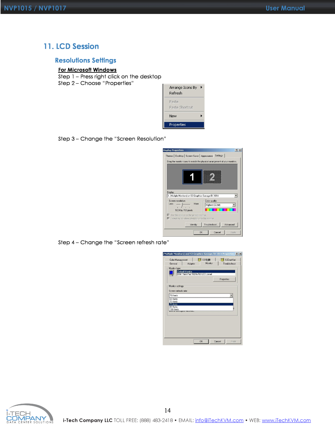 I-Tech Company Resolutions Settings, LCD Session, NVP1015 / NVP1017, User Manual, Change the “Screen refresh rate” 