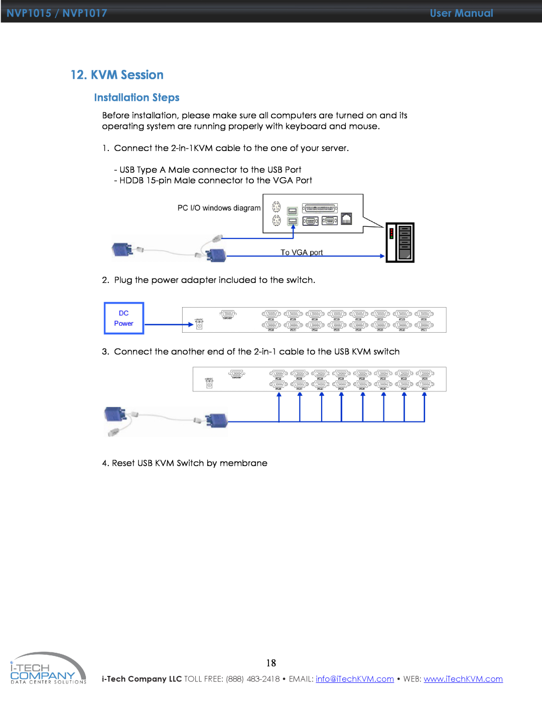 I-Tech Company manual Installation Steps, KVM Session, NVP1015 / NVP1017, User Manual 