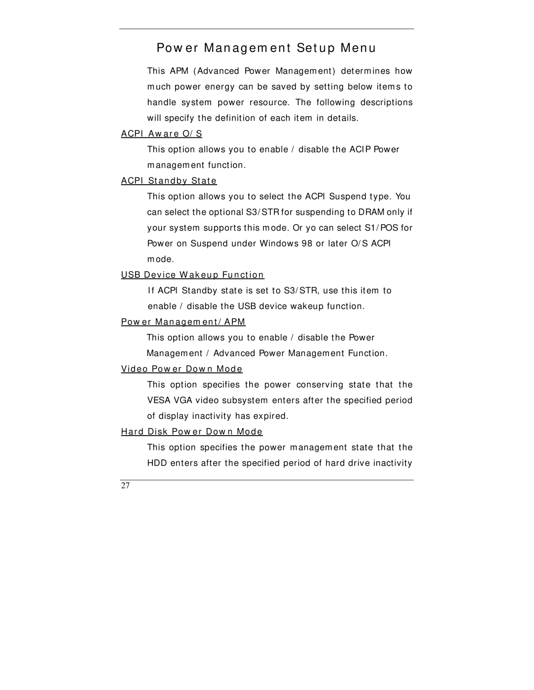 I-Tech Company WBX-6200F-V user manual Power Management Setup Menu 