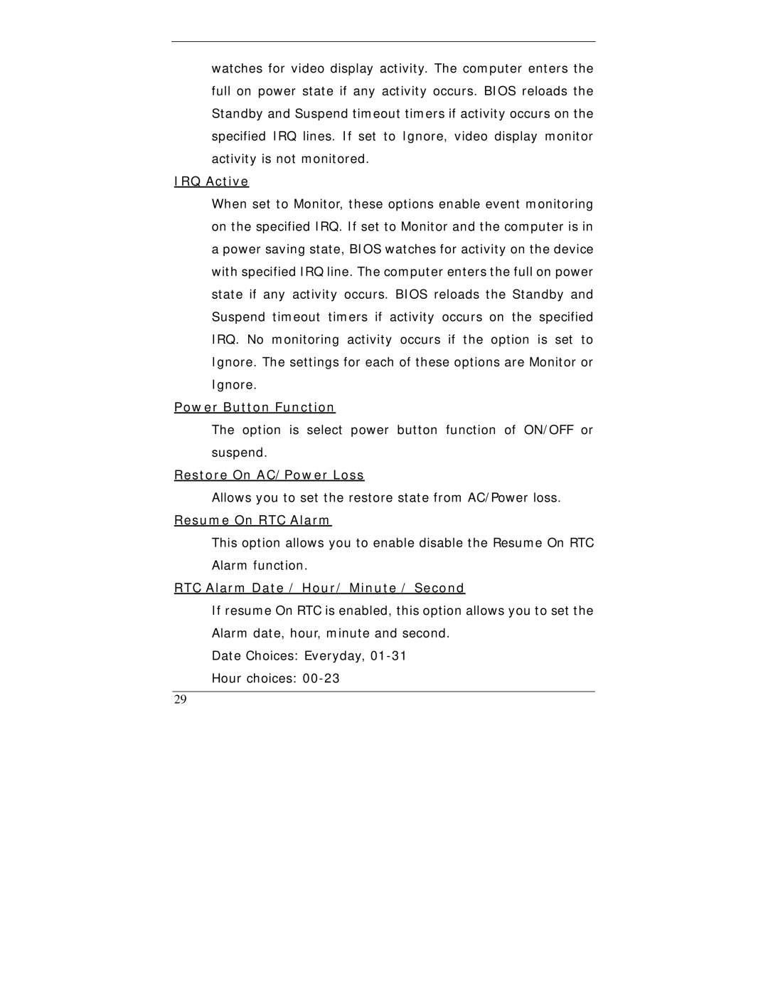 I-Tech Company WBX-6200F-V user manual IRQ Active, Power Button Function, Restore On AC/Power Loss, Resume On RTC Alarm 