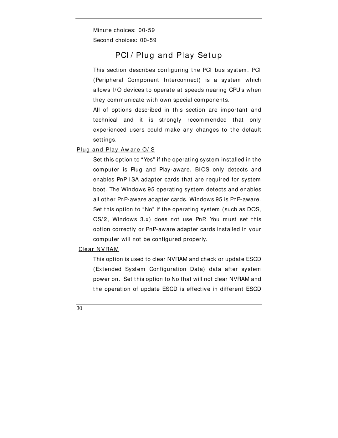 I-Tech Company WBX-6200F-V user manual PCI/Plug and Play Setup, Plug and Play Aware O/S, Clear Nvram 