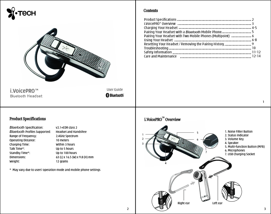 i. Tech Dynamic Bluetooth Clip Headset specifications Contents, Product Specifications, VoicePROTM Overview 